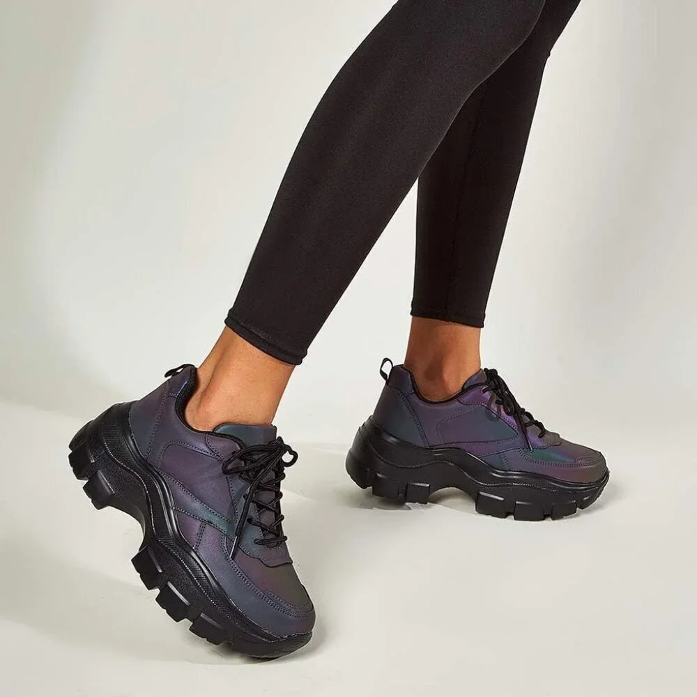 Women Charcoal Platform Fuchsia Hologram Casual Lace-Up Sneakers